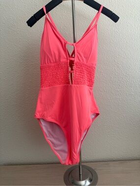 Women's Coral One-Piece Swimsuit with Smocked Waist